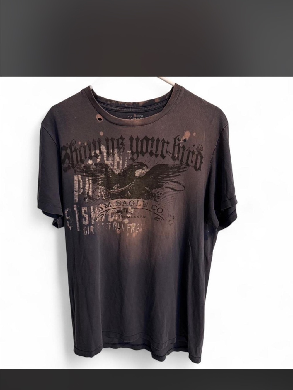 American Eagle Outfitters Black Graphic Short-Sleeve Tee with Distressed Eagle